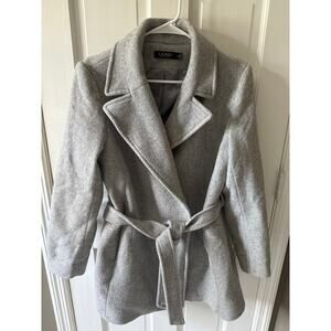EUC Lauren by Ralph Lauren women's wool blend grey herringbone wrap coat size 12